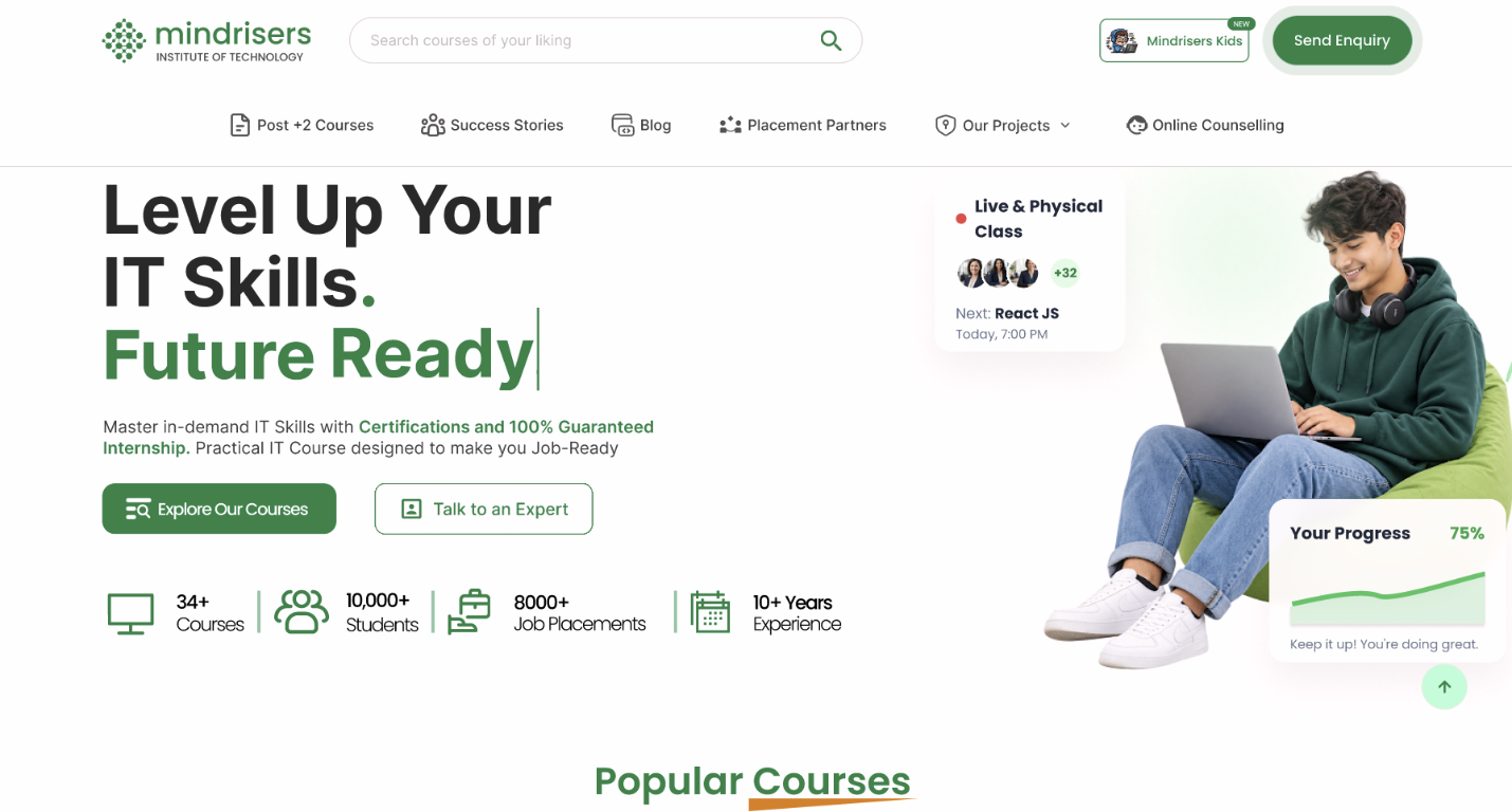 Mindrisers Institute of Technology homepage with course search, learning links, and course information