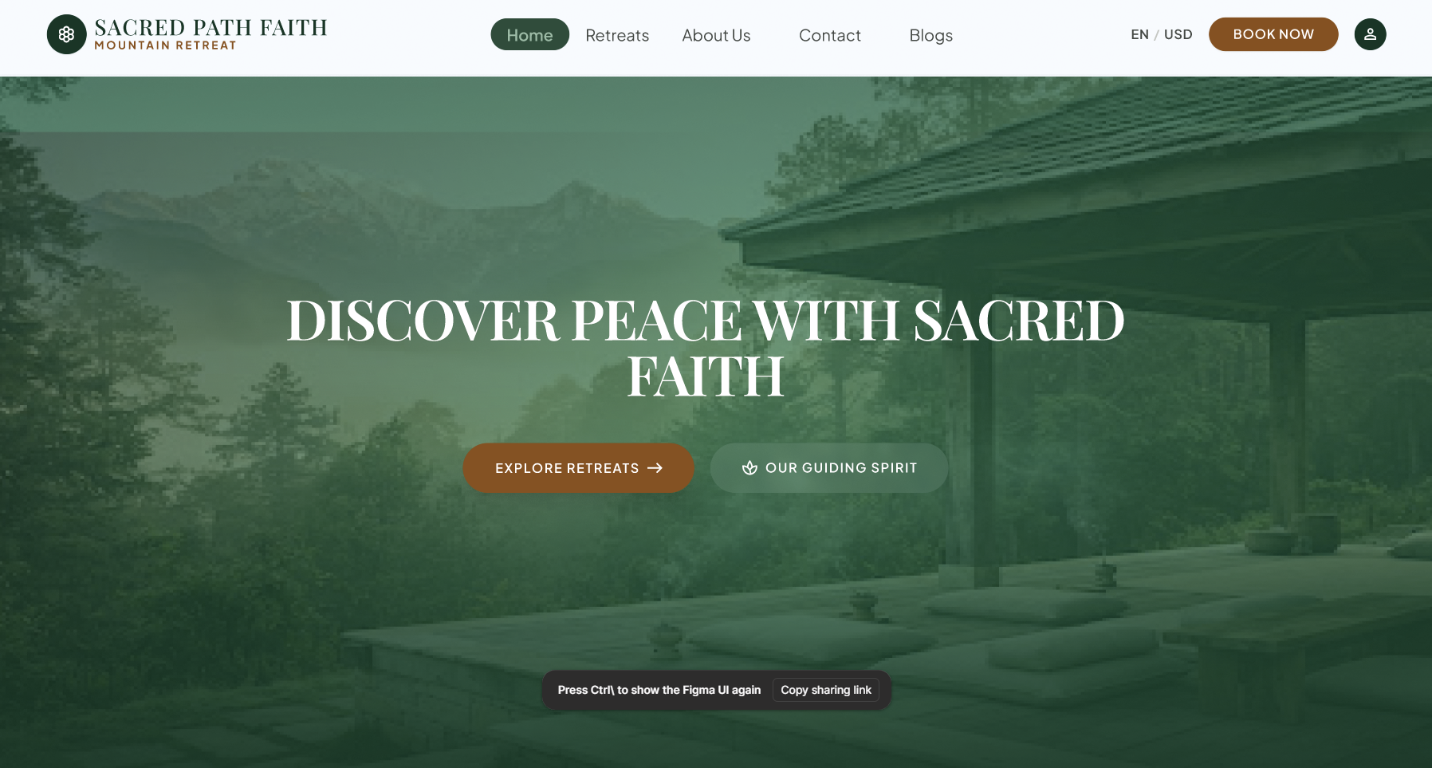 Sacred Path Faith mountain retreat website with retreat, about, contact, and booking navigation